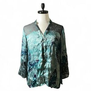 CITRON Silk Butterfly Print Sheer Whimsical Lace Trim Soft Burnout Blouse Top XL